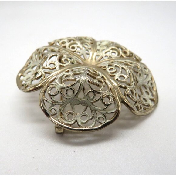 Vintage Flower Brooch 2" White Washed Filigree Gold Tone Metal Domed Petals - Picture 6 of 12